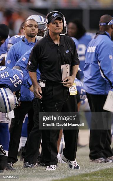 Head Coach Rod Marinelli of the Detroit Lions watches from the sideline during the pre-season game against the Cleveland Browns at Cleveland Browns...