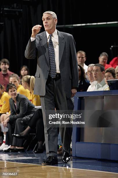 Head coach Brian Winters of the Indiana Fever calls a play during the WNBA game against the Detroit Shock on August 19, 2007 at Conseco Fieldhouse in...