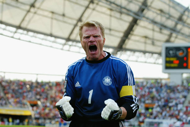 Goalkeeper Oliver Kahn of Germany celebrates Oliver Neuville's winning goal during the Germany v Paraguay, World Cup Second Round match played at the...