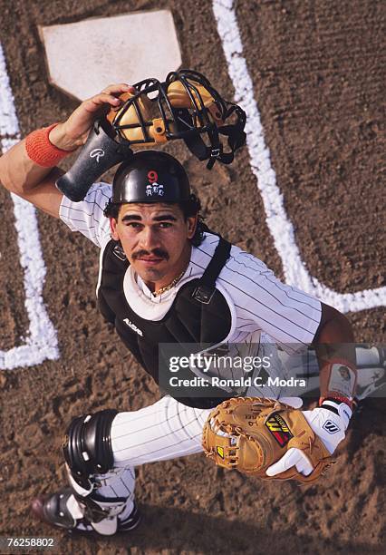 Benito Santiago of the San Diego Padres at spring training in March 1989 in Yuma, Arizona.