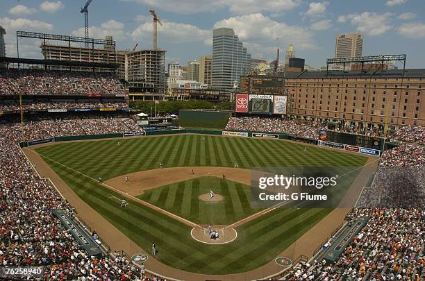Sell-out crowd watches the game between the Boston Red Sox and the Baltimore Orioles at Camden Yards on August 12, 2007 in Baltimore, Maryland.