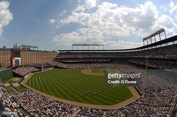 Sell-out crowd watches the game between the Boston Red Sox and the Baltimore Orioles at Camden Yards on August 12, 2007 in Baltimore, Maryland.