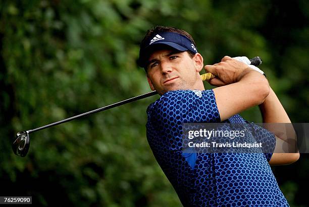 Sergio Garcia of Spain watches his tee shot on the third hole during the first round of The Barclays, the inaugural event of the new FedEx Cup...