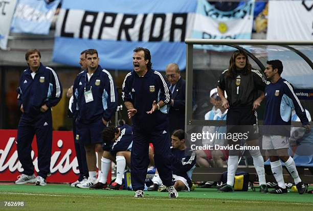 Argentina coach Marcelo Bielsa loses his cool during the FIFA World Cup Finals 2002 Group F match between Argentina and Sweden played at the Miyagi...