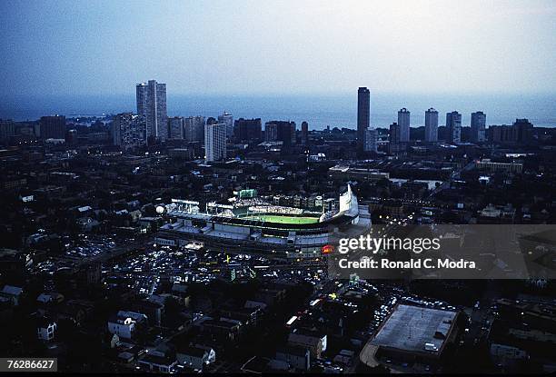 Helicopter view of the first night game in Wrigley Field between the Philadelphia Phillies and the Chicago Cubs on August 8, 1988 in Chicago,...