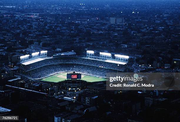 Helicopter view of the first night game in Wrigley Field between the Philadelphia Phillies and the Chicago Cubs on August 8, 1988 in Chicago,...