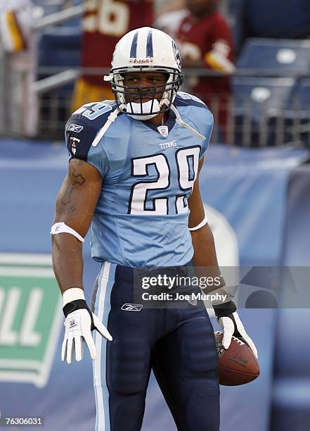 Chris Brown of the Tennessee Titans during warmups before a preseason game on August 11, 2007 at LP Field in Nashville, Tennessee. The Redskins beat...