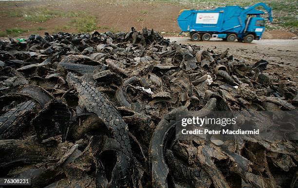 Shredded tyres wait to used as a drainage layer when the ground is covered over with clay and soil at the Shelford Landfill, Recycling & Composting...