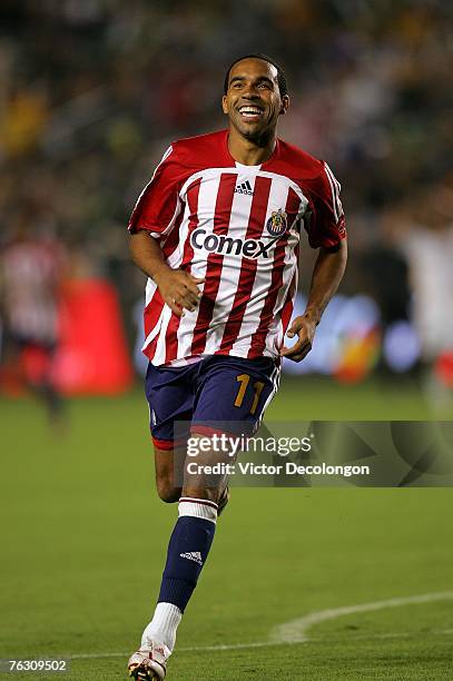 Maykel Galindo of CD Chivas USA celebrates one of his second half goals against the Los Angeles Galaxy during their MLS match at the Home Depot...