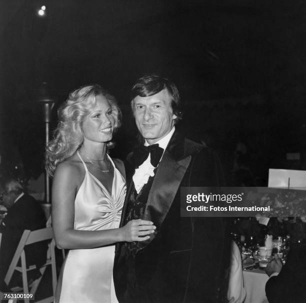 Playboy impresario Hugh Hefner with his girlfriend, model Sondra Theodore, at a fundraising party for the City of Hope cancer charity, at the Playboy...