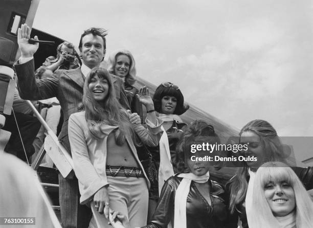 Playboy impresario Hugh Hefner and his girlfriend, Barbi Benton, arriving at London Airport on board Hefner's private DC-9 airliner, 29th September...
