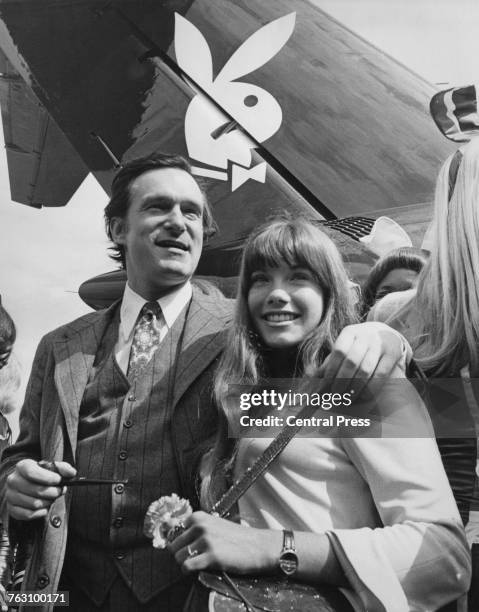 Playboy impresario Hugh Hefner and his girlfriend, Barbi Benton, arriving at London Airport on board Hefner's private DC-9 airliner, 29th September...