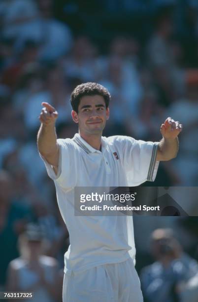 American tennis player Pete Sampras pictured in action at match point during progress to win the final of the Men's Singles tournament at the...