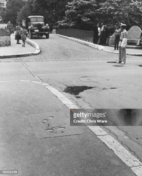 The footprints of Gavrilo Princip in Sarajevo, marking the spot from which he fired the bullets which killed Archduke Franz Ferdinand of Austria and...