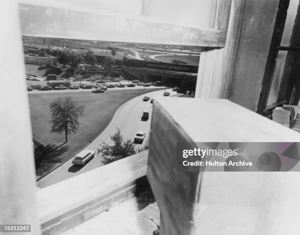 The view from the sixth floor window of the Texas School Book Depository in Dallas, from which Lee Harvey Oswald is thought to have assassinated...