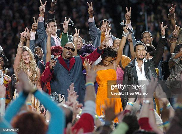 Joss Stone, Stevie Wonder, India.Arie and John Legend during the pre-game show prior to Super Bowl XL between the Pittsburgh Steelers and Seattle...