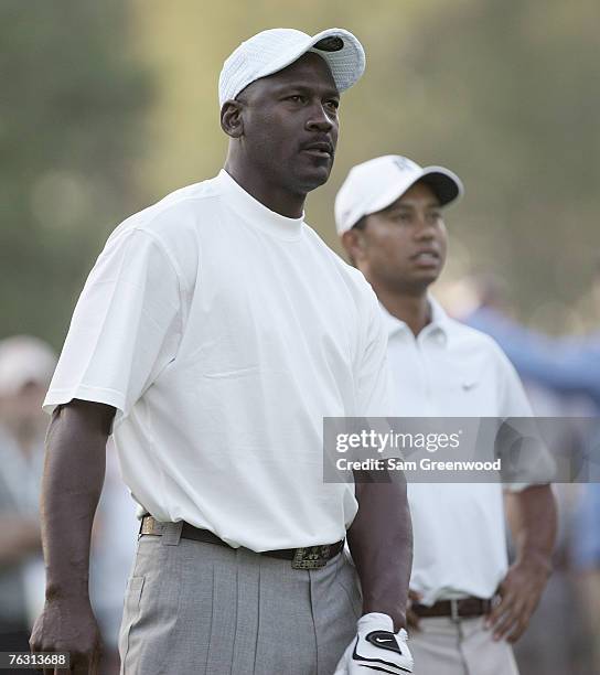 Michael Jordan and Tiger Woods during the Pro-Am prior to the 2007 Wachovia Championship held at Quail Hollow Country Club in Charlotte, North...