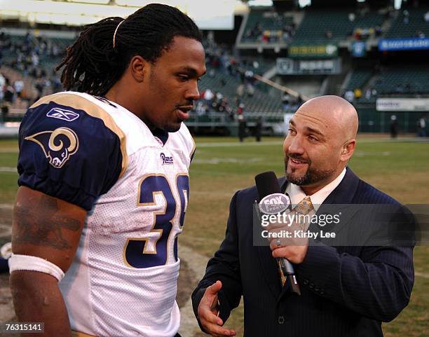 St. Louis Rams running back Steven Jackson is interviewed by Jay Glazer of Fox Sports after 20-0 victory over the Oakland Raiders at McAfee Coliseum...