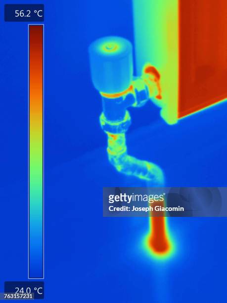 thermal image of radiator pipes - wärmebild stock-fotos und bilder