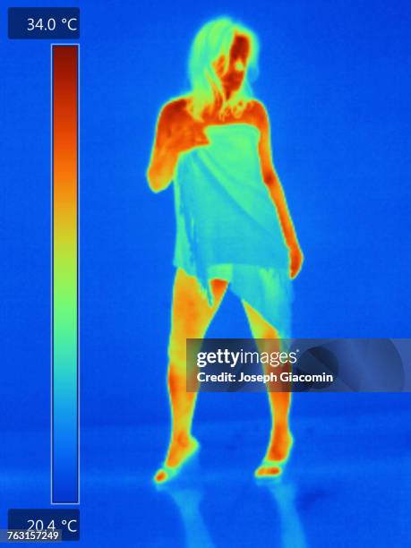 thermal image of woman holding towel around her - 熱映像 ストックフォトと画像