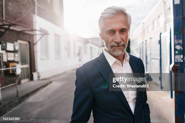 portrait of confident mature businessman outdoors - lens flare portrait guy stock-fotos und bilder