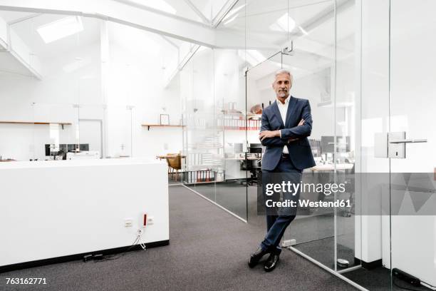 portrait of confident mature businessman in office - lean imagens e fotografias de stock