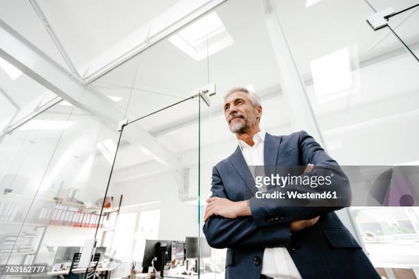 confident mature businessman in office - low angle view stock-fotos und bilder