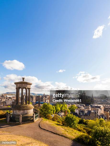 uk, scotland, edinburgh, calton hill, dugald stewart monument, cityscape - edinburgh scotland stock pictures, royalty-free photos & images