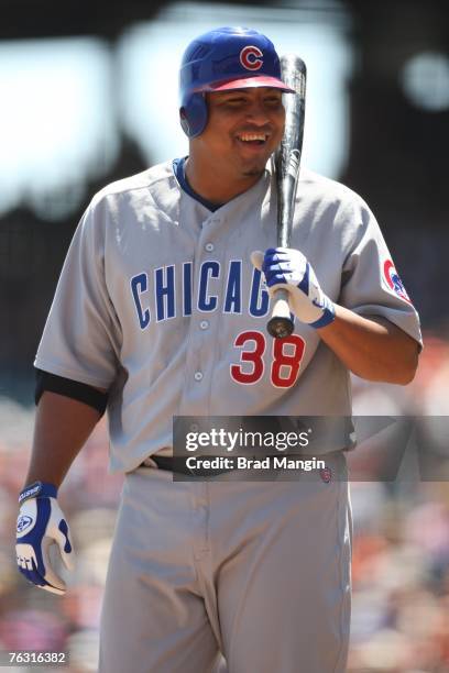 Carlos Zambrano of the Chicago Cubs laughs while batting during the game against the San Francisco Giants at AT&T Park in San Francisco, California...