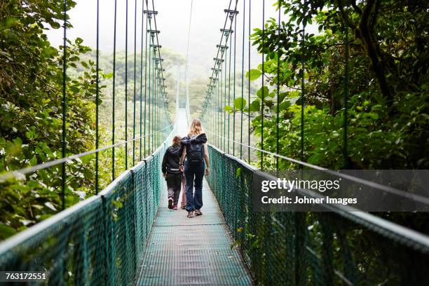 mother with daughters on hanging bridge - eco tourism stock pictures, royalty-free photos & images