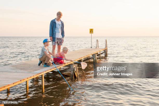 father with sons on jetty - oland stock-fotos und bilder