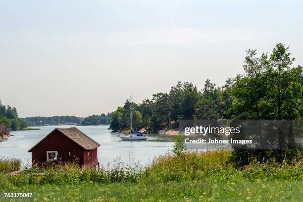 landscape with lake - båthus bildbanksfoton och bilder