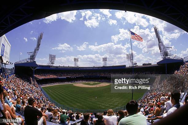 General view of Tiger Stadium from the outfield seats as the Detroit Tigers host the Kansas City Royals on July 14, 1991 in Detroit, Michigan. The...