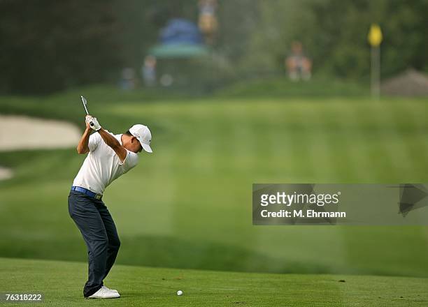 Anthony Kim swings on the second hole during the second round of The Barclays, the inaugural event of the new PGA TOUR Playoffs for the FedExCup at...
