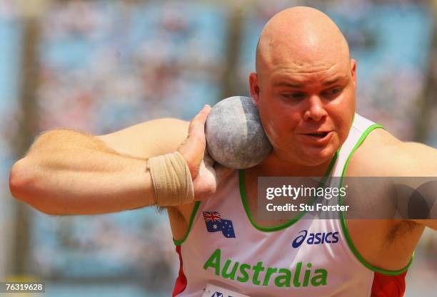 Scott Martin of Australia competes during the Men's Shot Put qualification round on day one of the 11th IAAF World Athletics Championships on August...
