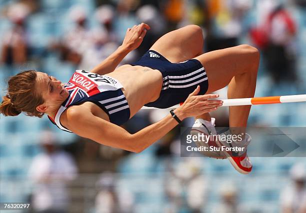 Kelly Sotherton of Great Britain competes in the High Jump during the Women's Heptathlon on day one of the 11th IAAF World Athletics Championships on...