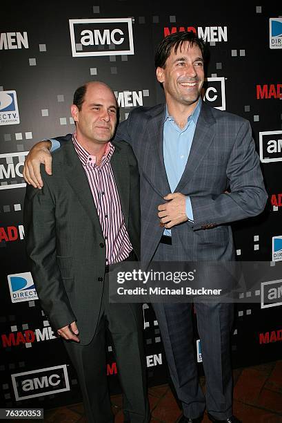 Producer Matthew Weiner and actor Jon Hamm attend the wrap party of AMC's "Mad Men" at the Roosevelt Hotel August 24, 2007 in Hollywood, California.