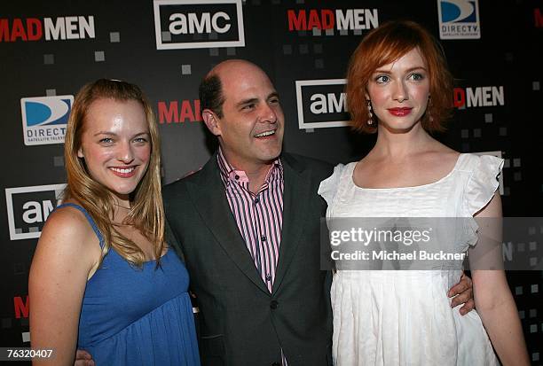 Actress Elisabeth Moss, producer Matthew Weiner and actress Christina Hendricks attend the wrap party of AMC's "Mad Men" at the Roosevelt Hotel...