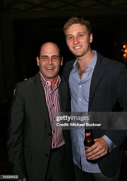 Producer Matthew Weiner and actor Aaron Staton attend the wrap party of AMC's "Mad Men" at the Roosevelt Hotel August 24, 2007 in Hollywood,...