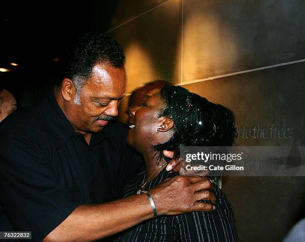 Reverend Jesse Jackson greets Gee Walker, mother of murdered Huyton teenager Anthony Walker, as he tours the International Slavery Museum on August...