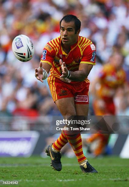 Stacey Jones of Catalans receives the ball during the Carnegie Challenge Cup Final between St.Helens and Catalans Dragons at Wembley stadium on...