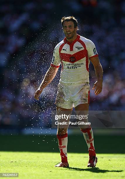 Lee Gilmour of St.Helens looks on during the Carnegie Challenge Cup Final between St.Helens and Catalans Dragons at Wembley stadium on August 25,...