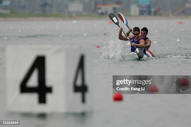 Philippe Colin and Sebastien Jouve from France, who won the bronze medal of the men's 1000-meter Kayak Double , compete at the Canoe/Kayak Flatwater...