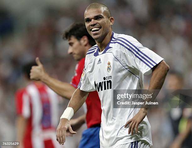 Pepe of Real Madrid reacts after during the Spanish League match between Real Madrid and Atletico de Madrid at the Santiago Bernabeu Stadium on...