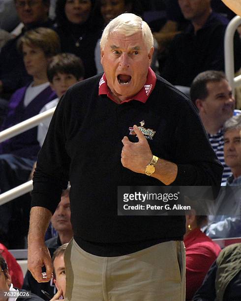 Texas Tech head coach Bobby Knight reacts to a call against the Red Raiders in the first half against Kansas State at Bramlage Coliseum in Manhattan,...