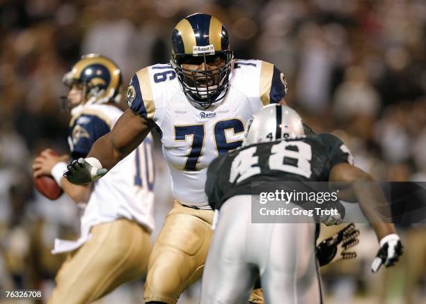 Offensive lineman Orlando Pace of the St. Louis Rams against the Oakland Raiders during a preseason game at McAfee Coliseum on August 24, 2007 in...