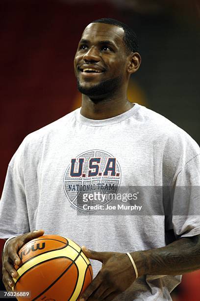 LeBron James of the USA Men's Senior National Team warms up prior to the game against Canada during the first round of the 2007 FIBA Americas...