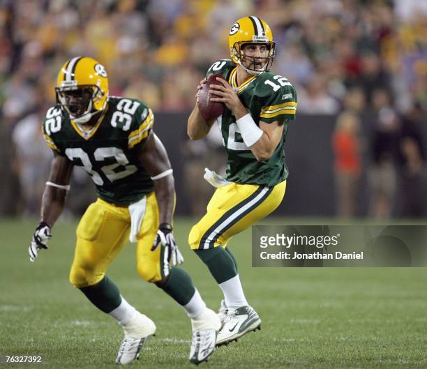 Quarterback Aaron Rodgers of the Green Bay Packers looks to pass the ball during the game against the Jacksonville Jaguars on August 23, 2007 at...