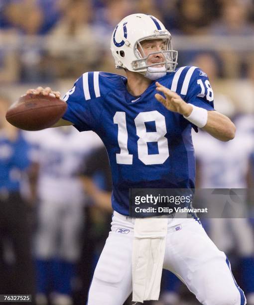 Peyton Manning of the Indianapolis Colts looks to pass against the Detroit Lions at the RCA Dome on August 25, 2007 in Indianapolis, Indiana.