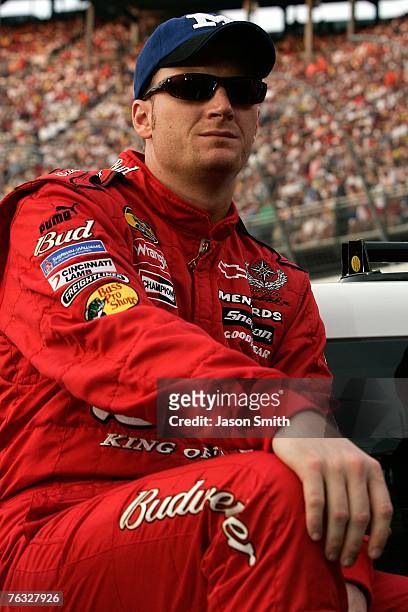 Dale Earnhardt Jr., driver of the Budweiser Chevrolet, rides in a truck during pre-race ceremonies prior to the start of the NASCAR Nextel Cup Series...